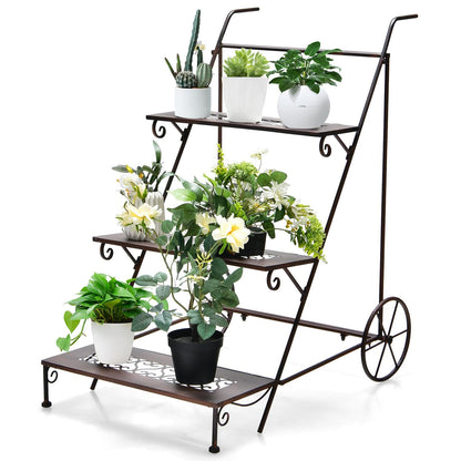 GiantexUK 3-Tier Metal Plant Stand, Ladder Flower Pots Holder with 2 Wheels and Convenient Handles