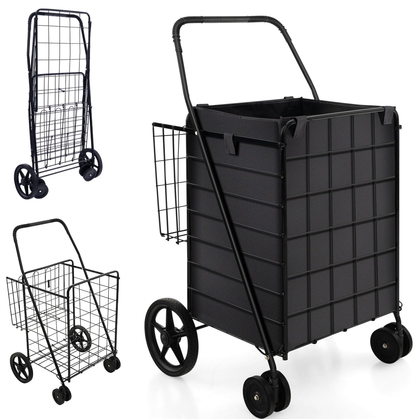 GiantexUK Foldable Shopping Cart on Wheels, Metal Grocery Trolley with Extra Basket & Anti-slip Handle