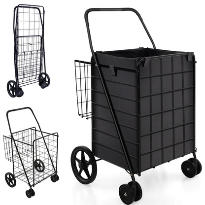 GiantexUK Foldable Shopping Cart on Wheels, Metal Grocery Trolley with Extra Basket & Anti-slip Handle