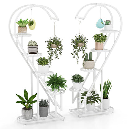 5-Tier Tall Plant Stand, 2-Pack Heart-shaped Ladder Plant Shelf with Hanging Hooks and Adjustable Foot Pads