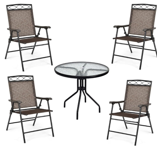 GiantexUK 5 Piece Garden Furniture Set, Patio Conservatory Set with 4 Folding Chairs and Tempered Glass Table