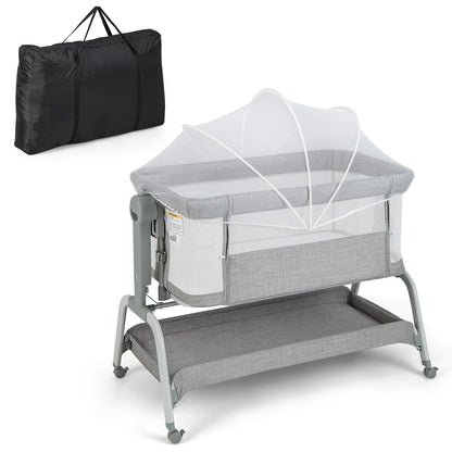 4-in-1 Baby Bedside Crib, Heights Adjustable Rocking Bassinet with Mattress, Detachable Net