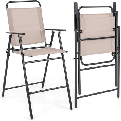 GiantexUK Outdoor Folding Bar Chair Set of 2 with Backrest Armrests Footrest