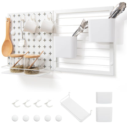 GiantexUK Pegboard Combination Kit, Metal Pegboard Wall Organiser with Shelf, 2 Containers, 4 Hooks & 5 Magnets