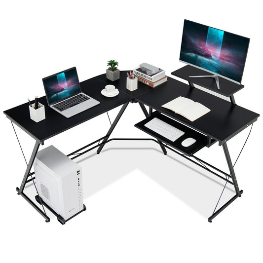 L-Shaped Computer Desk, 130CM Large 2-Person Corner Writing Workstation with Movable Host Stand