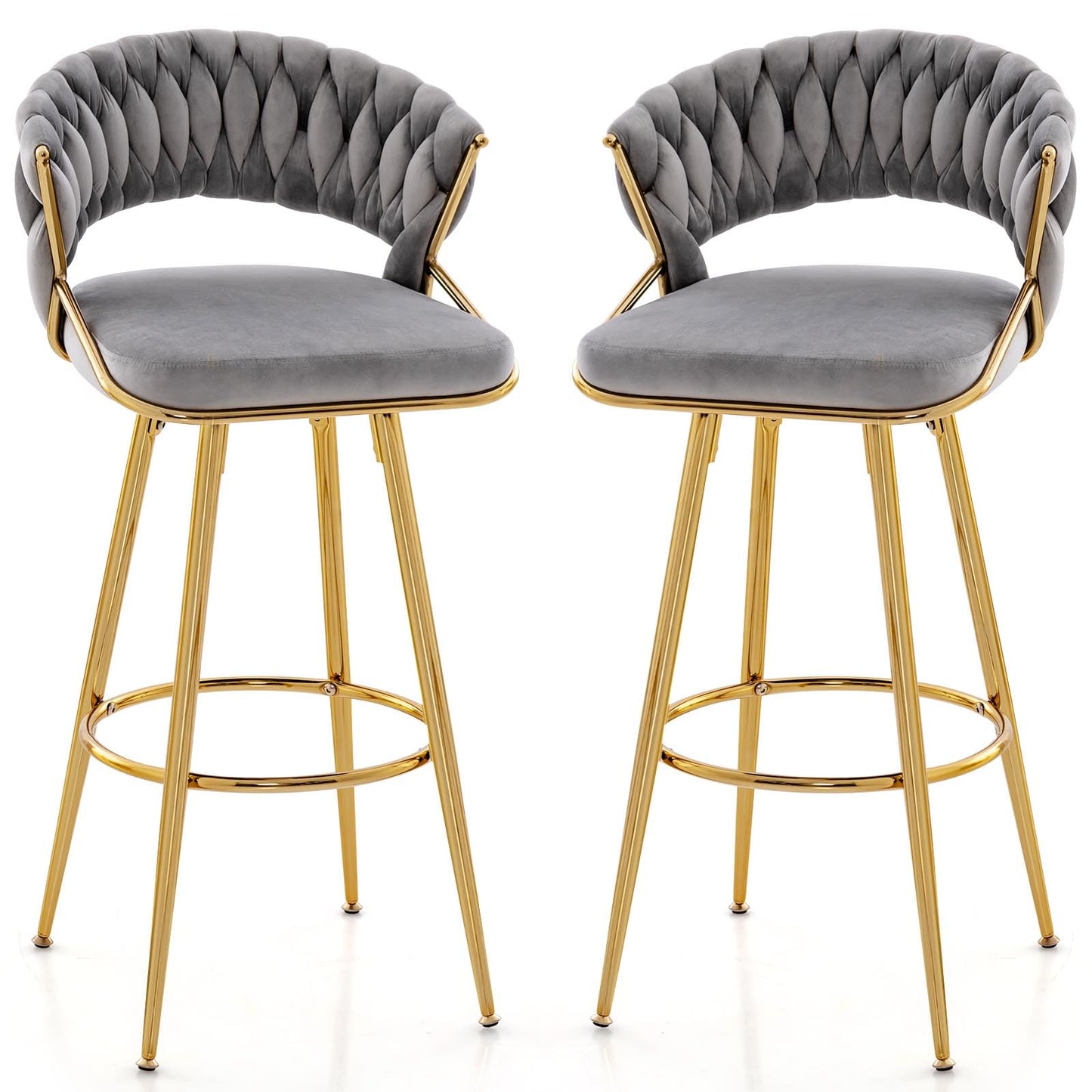 72cm Velvet Bar Stool Set of 2 with Woven Backrest and Gold Metal Legs