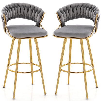 72cm Velvet Bar Stool Set of 2 with Woven Backrest and Gold Metal Legs