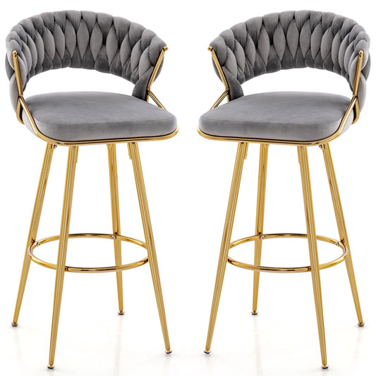 72cm Velvet Bar Stool Set of 2 with Woven Backrest and Gold Metal Legs