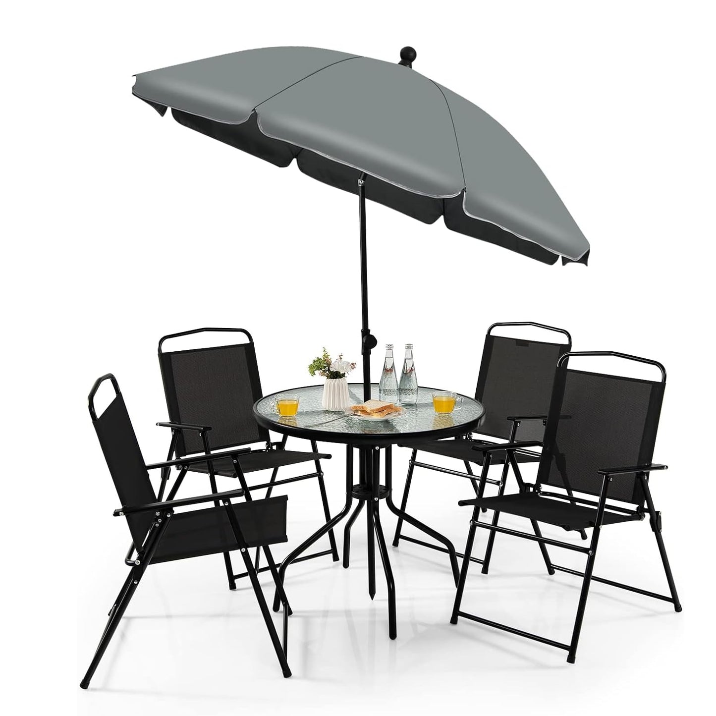 GiantexUK 6 Piece Garden Dining Set, Metal Frame Patio Bistro Set with Tempered Glass Table, 4 Folding Chairs & Parasol Umbrella