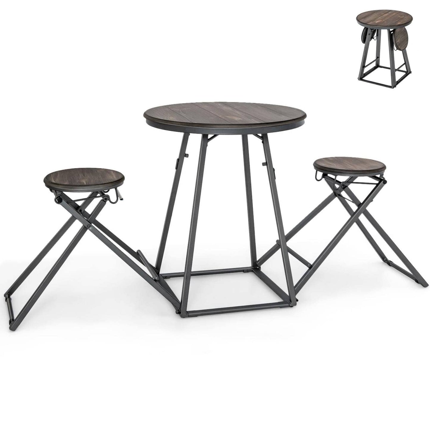 GiantexUK Foldable Table and Stool Set, Space Saving Dining Table with 2 Chairs and Footrest, Kitchen Breakfast Table Furniture for Home Dining Room Pub