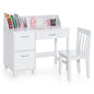 Kids Desk and Chair Set, Wooden Student Study Table with Drawer, Storage Cabinets & Tabletop Bookshelf(White)