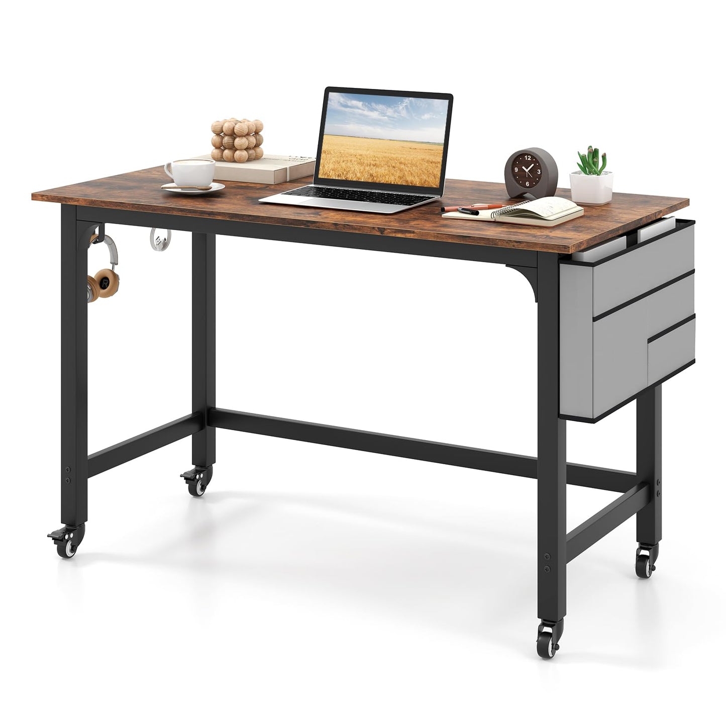 Rolling Computer Desk, 120cm Metal Frame Writing Desk with Wheels, Foldable Storage Bag & Earphone Hooks