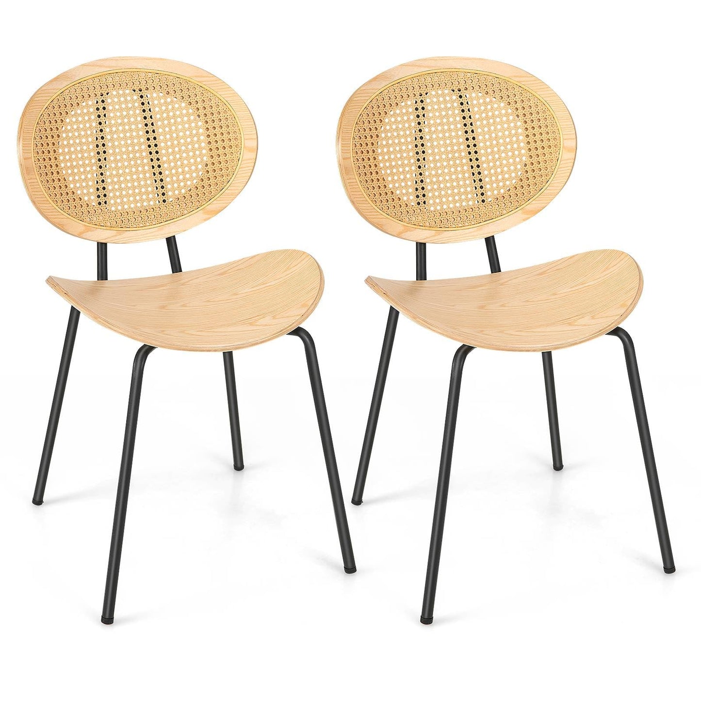 GiantexUK Dining Chairs Set of 2, Kitchen Chairs with Rattan Backrest, Curved Seat & Adjustable Foot Pad