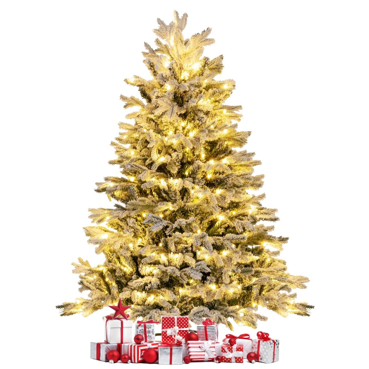 4.5FT/6FT Pre-lit Artificial Christmas Tree, Snow-flocked Hinged Xmas Tree with 200/350 Warm White LED Lights and 688/1022 Branch Tips