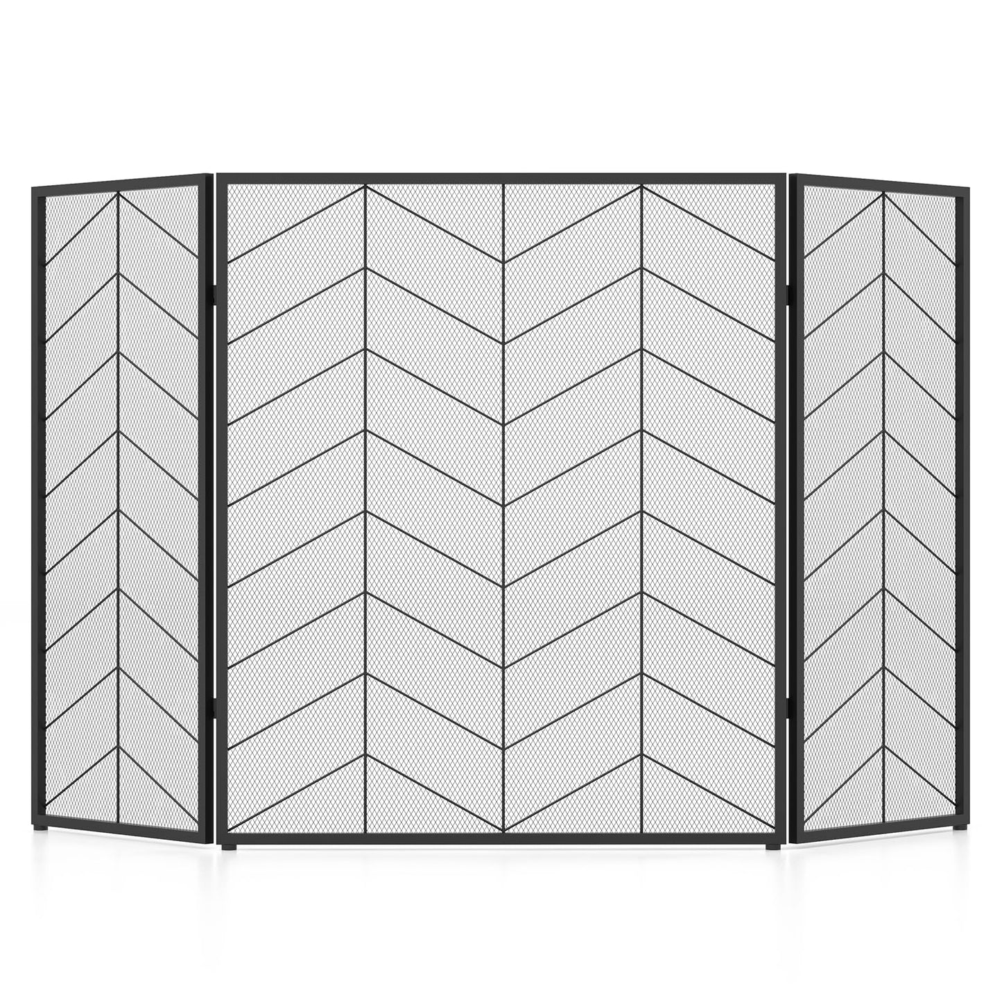 GiantexUK 3-Panel Folding Fire Guard, Heavy Duty Metal Mesh Fireplace Screen, Decorative Freestanding Spark Guard Safety Barrier (Herringbone Pattern, 132x79cm)