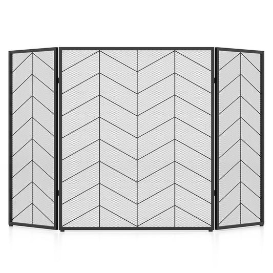 GiantexUK 3-Panel Folding Fire Guard, Heavy Duty Metal Mesh Fireplace Screen, Decorative Freestanding Spark Guard Safety Barrier (Herringbone Pattern, 132x79cm)