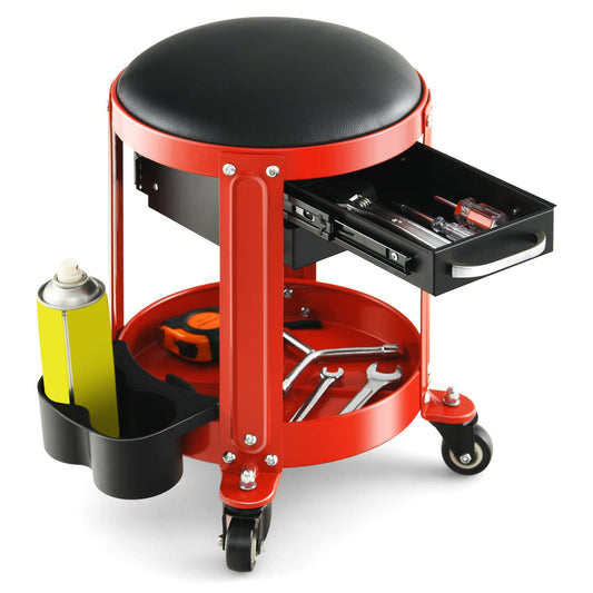 GiantexUK Pneumatic Rolling Mechanic Stool, 2 Drawers Workshop Creeper Seat with 4 Universal Casters