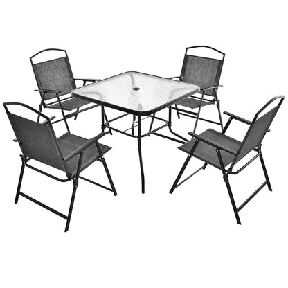 GiantexUK 5 Piece Folding Dining Set, Patio Conservatory Set with Tempered Glass Tabletop & Umbrella Hole (Table+4 Chairs)