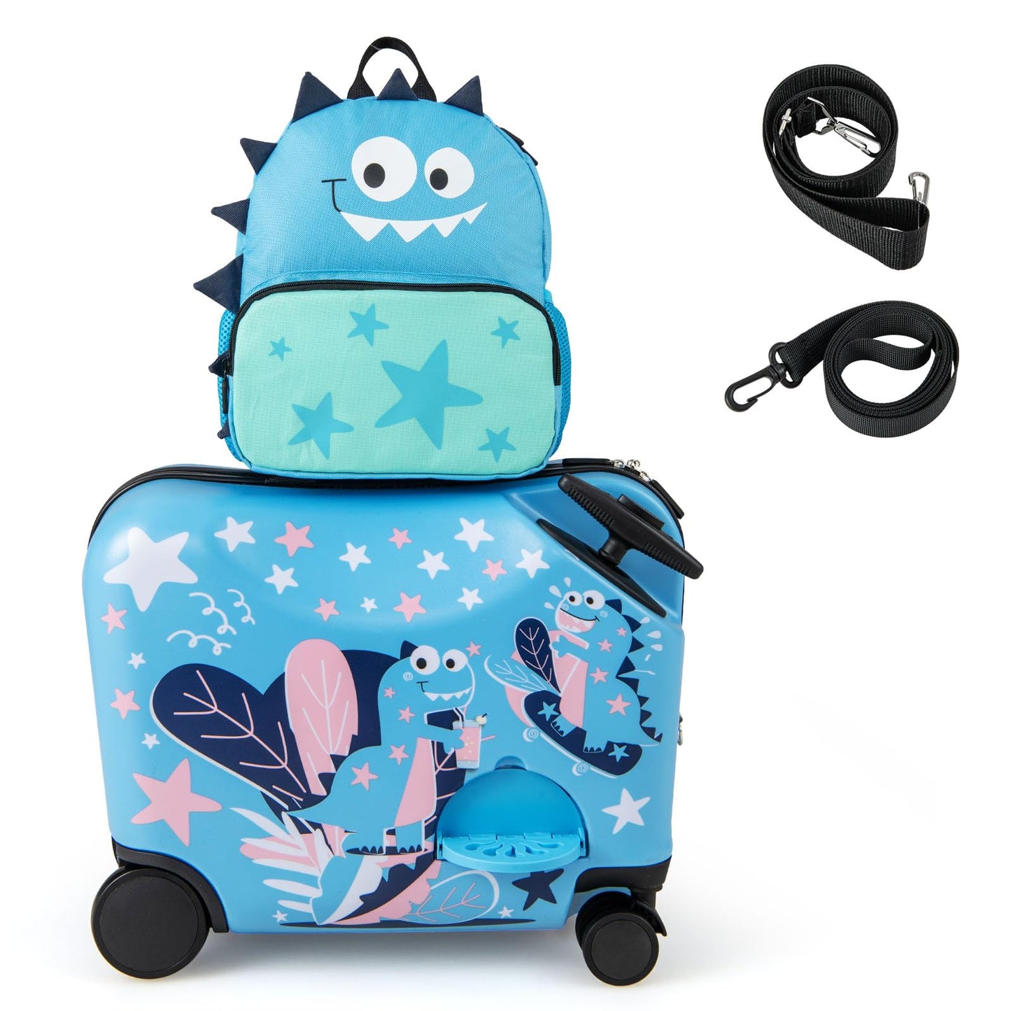 2 PCS Kids Luggage Set, 12” Backpack + 18” Ride-on & Carry-on Suitcase with Footrest (Dinosaur, Blue)