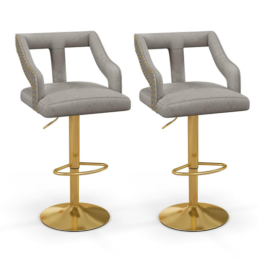 Bar Stools Set of 2, Height Adjustable Swivel Counter Stools Dining Chair with Swivel Gas Lift, Gray + Gold