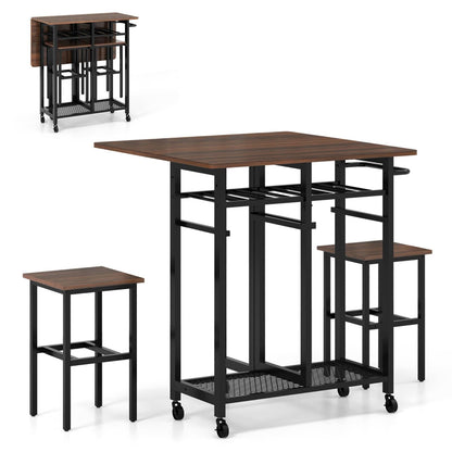 GiantexUK 3 PCS Dining Room Set, Folding Dining Table and Stools Set with Wine Rack, Storage Shelves & Wheels