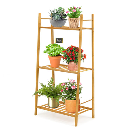 3 Tier Bamboo Plant Stand, Ladder Flower Pots Holder with Rear Bar, Freestanding Corner Plant Storage Display Shelf