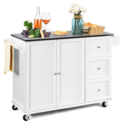 GiantexUK Kitchen Island on Wheels, Wooden Storage Cabinet Trolley with Stainless Steel Countertop