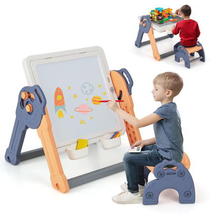 Kids Art Easel, 6 in 1 Toddler Activity Table and Chair Set with Storage, Double-Sided Tabletop, 100+ Building Blocks