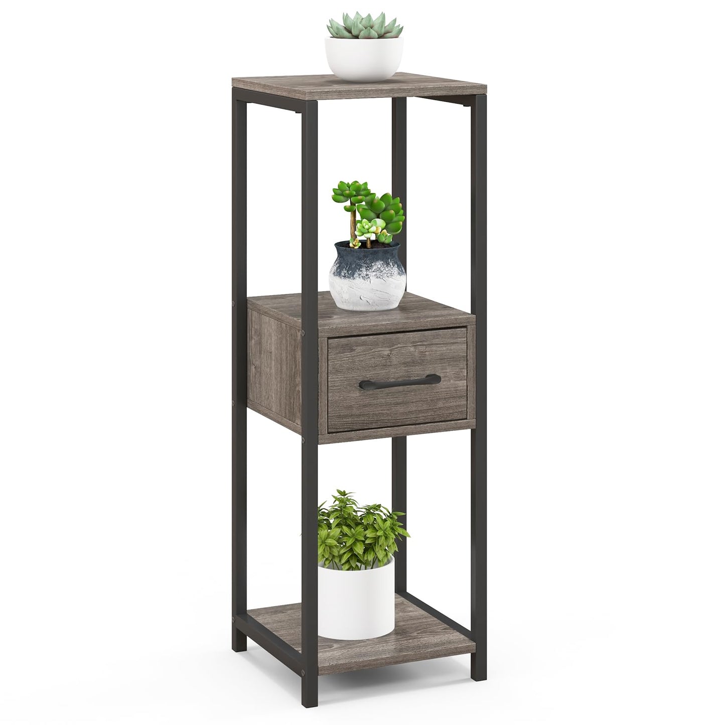 3 Tier Tall Metal Plant Stand, Corner Plant Holder with Anti-tipping Devices (with Middle Drawer)