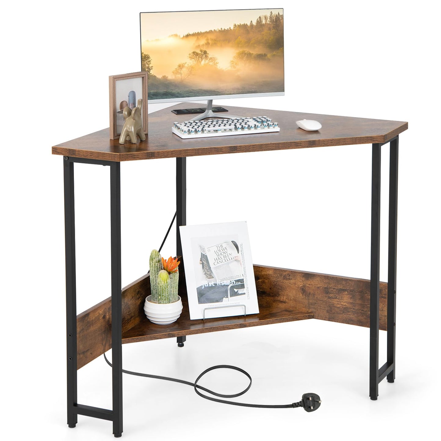 Corner Computer Desk, Triangular Writing Desk with Power Outlet & Metal Frame, Without Keyboard Tray