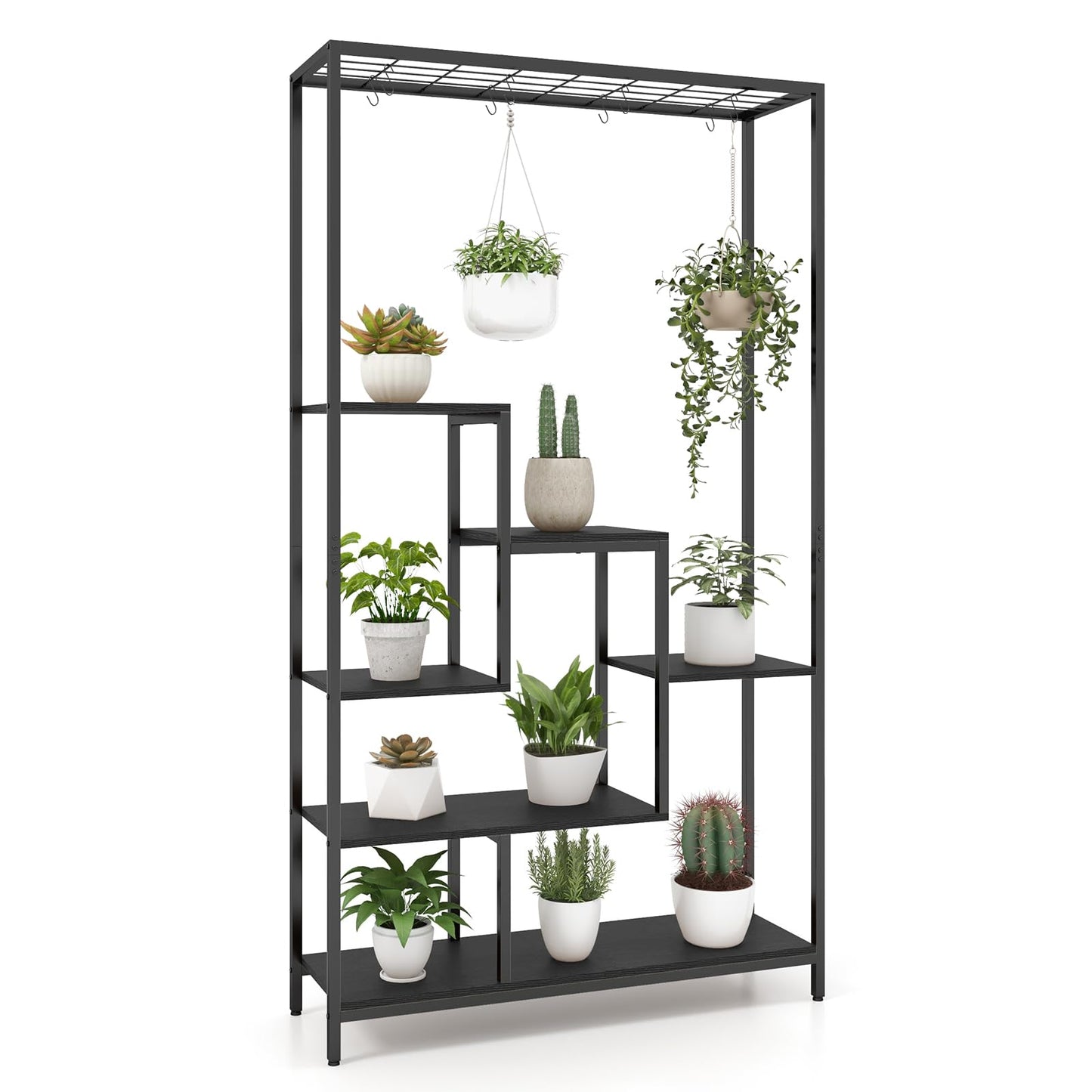 6-tier Tall Plant Stand, 180cm Metal Indoor Flower Pots Rack with 10 Hanging Hooks