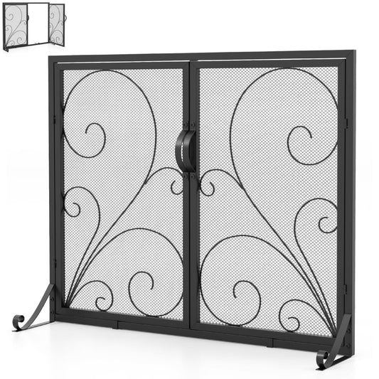 GiantexUK Fire Guard with Double Doors, Heavy Duty Metal Mesh Fireplace Screen with Stands, Black