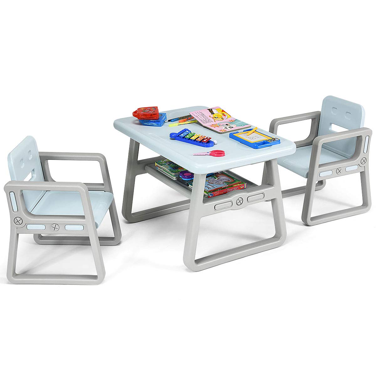 3PCS Kids Table and Chairs Set, Children Play Tables with Storage Rack