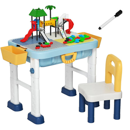 Kids Building Blocks Table and Chair Set, Height Adjustable Activity Table with Double-Side Tabletop