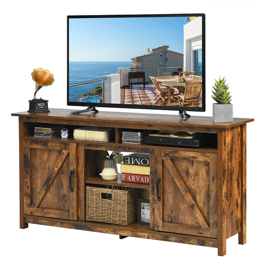 Farmhouse TV Stand for TVs up to 65", Wooden TV Cabinet Media Entertainment Center with Barn Doors & Open Shelf