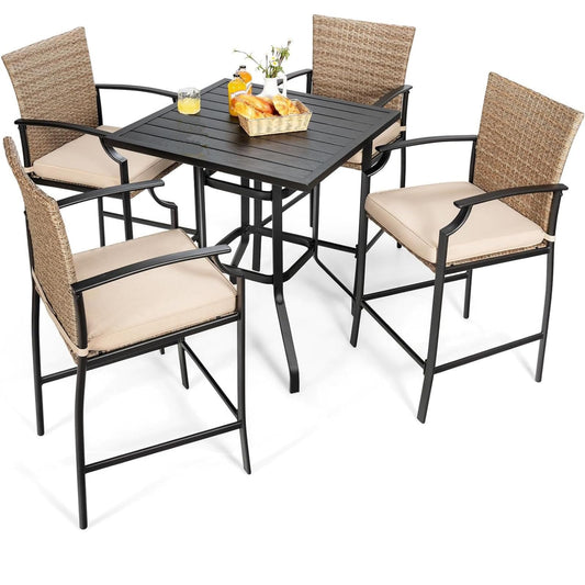 GiantexUK 5 Pieces Outdoor Bar Stool Set, Patio Rattan Bistro Set with 4 Wicker Bar Chairs & 1 Bar Table