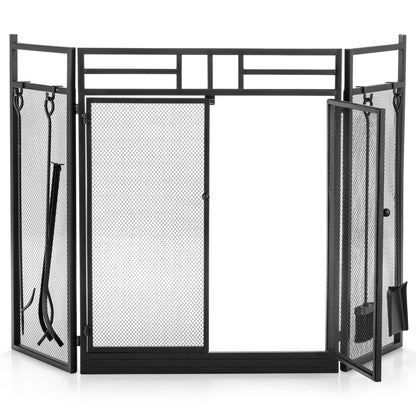 GiantexUK 3-Panel Folding Fireplace Screen, 5-Piece Freestanding Fire Protector Spark Guard with Tools Set