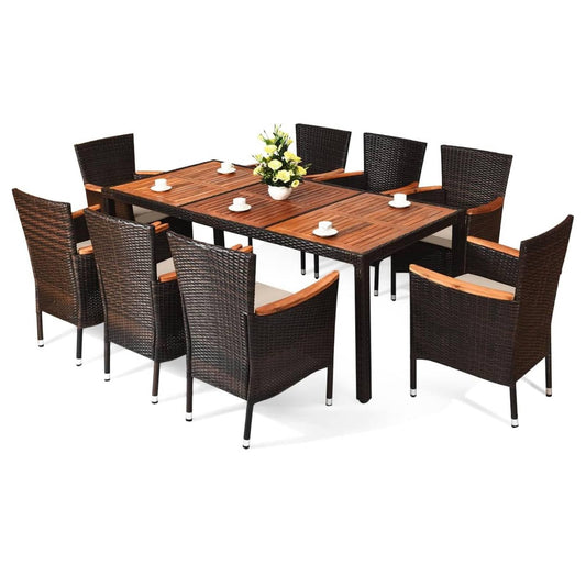 GiantexUK Outdoor 7/9 Pieces Rattan Dining Set, Patio Wicker Furniture Set with Acacia Wood Tabletop & Cushions