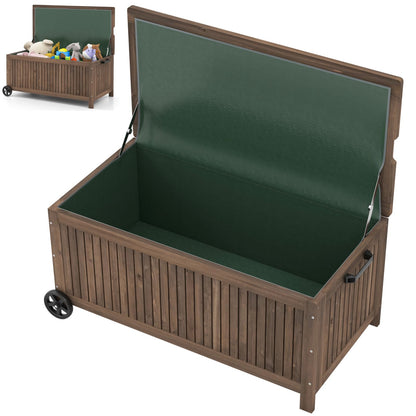 GiantexUK 207L Garden Storage Box, Waterproof Fir Wood Deck Box with Wheels, Removable Inner Liner, Sit-on Lid & Handle