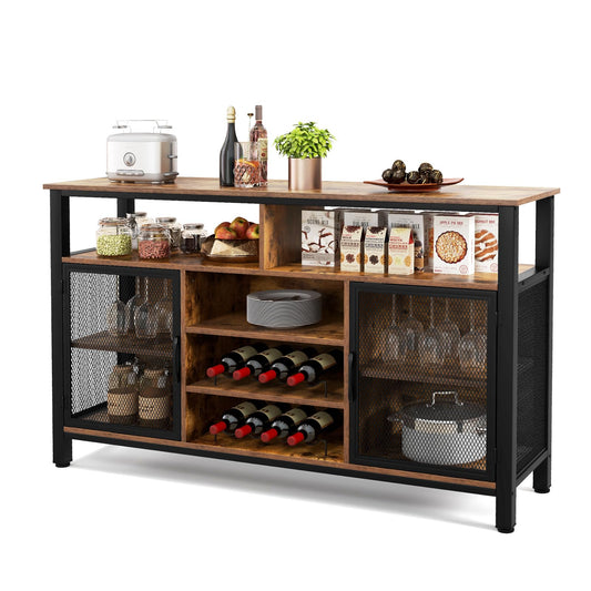 GiantexUK Kitchen Storage Cabinet, Wooden Buffet Sideboard with Wine Racks, Glass Holders, Metal Mesh Doors & Shelves