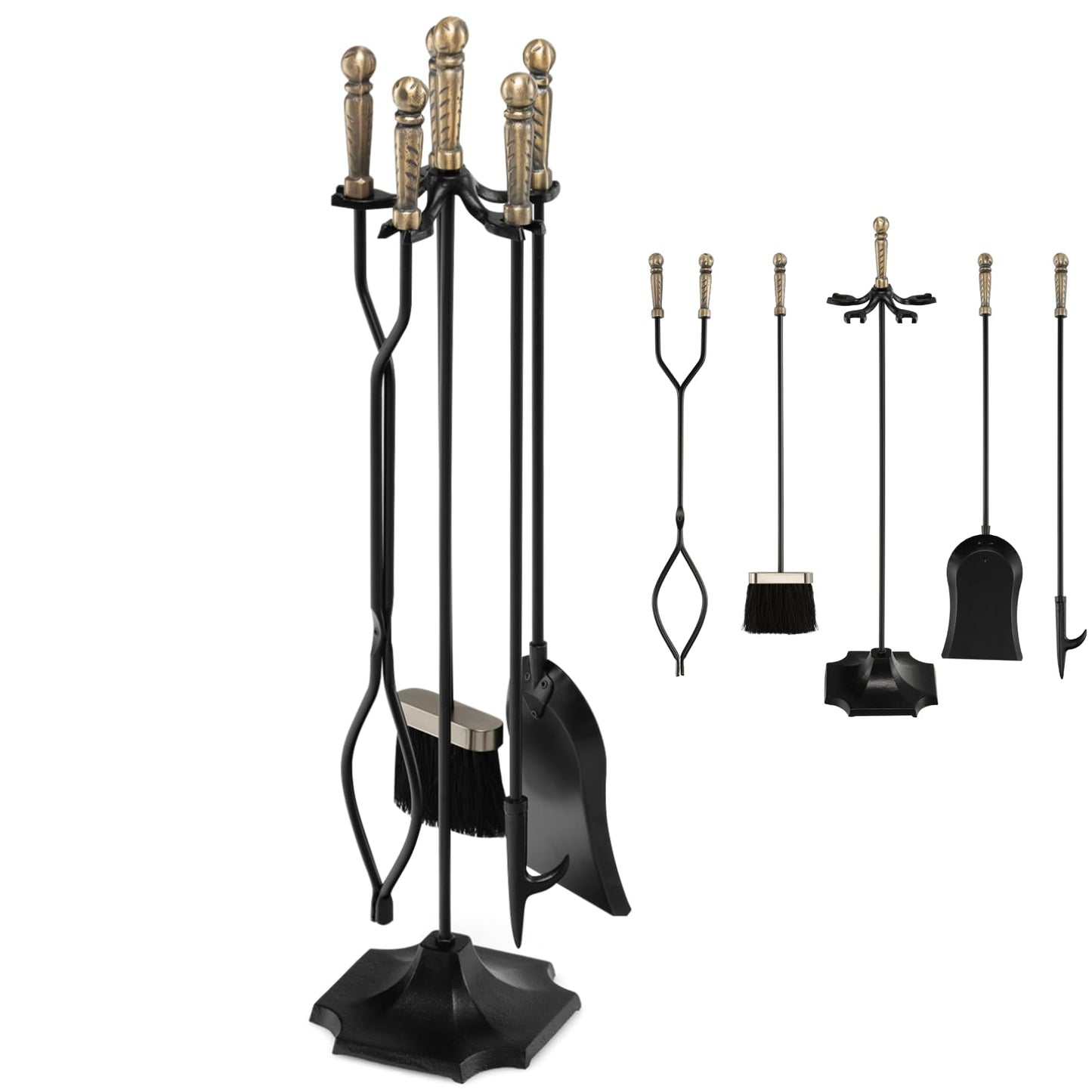 GiantexUK 5-Piece Fireplace Companion Set, Wrought Iron Fire Place Tools Set with Stand, Tong, Shovel, Brush & Poker, Fireside Wood Burner Stove Accessories