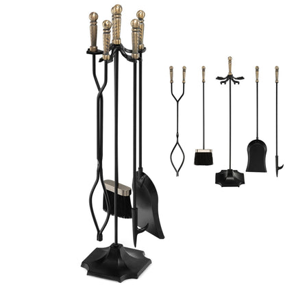 GiantexUK 5-Piece Fireplace Companion Set, Wrought Iron Fire Place Tools Set with Stand, Tong, Shovel, Brush & Poker, Fireside Wood Burner Stove Accessories