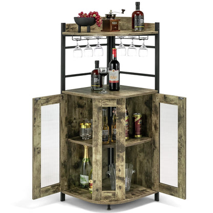 GiantexUK Corner Bar Cabinet, Industrial Wine Cabinet with Glass Holders, Adjustable Shelf & Mesh Doors