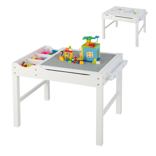 2-in-1 Kids Activity Table, Wooden Children Building Blocks Table with Reversible Tabletop