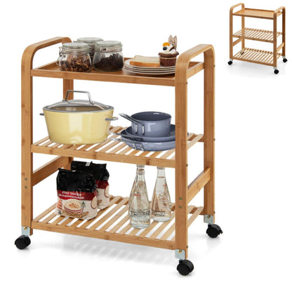 GiantexUK 3/4-Tier Rolling Cart, Multi-Function Bamboo Storage Trolley with Removable Wheels(3 Tier, 58 x 33 x 76cm)