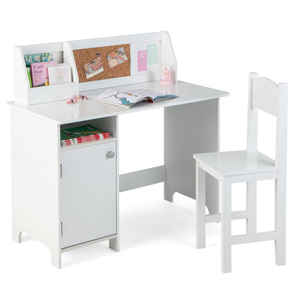 Kids Desk and Chair Set, Wooden Children Study Table with Storage Cabinet, Cork Board