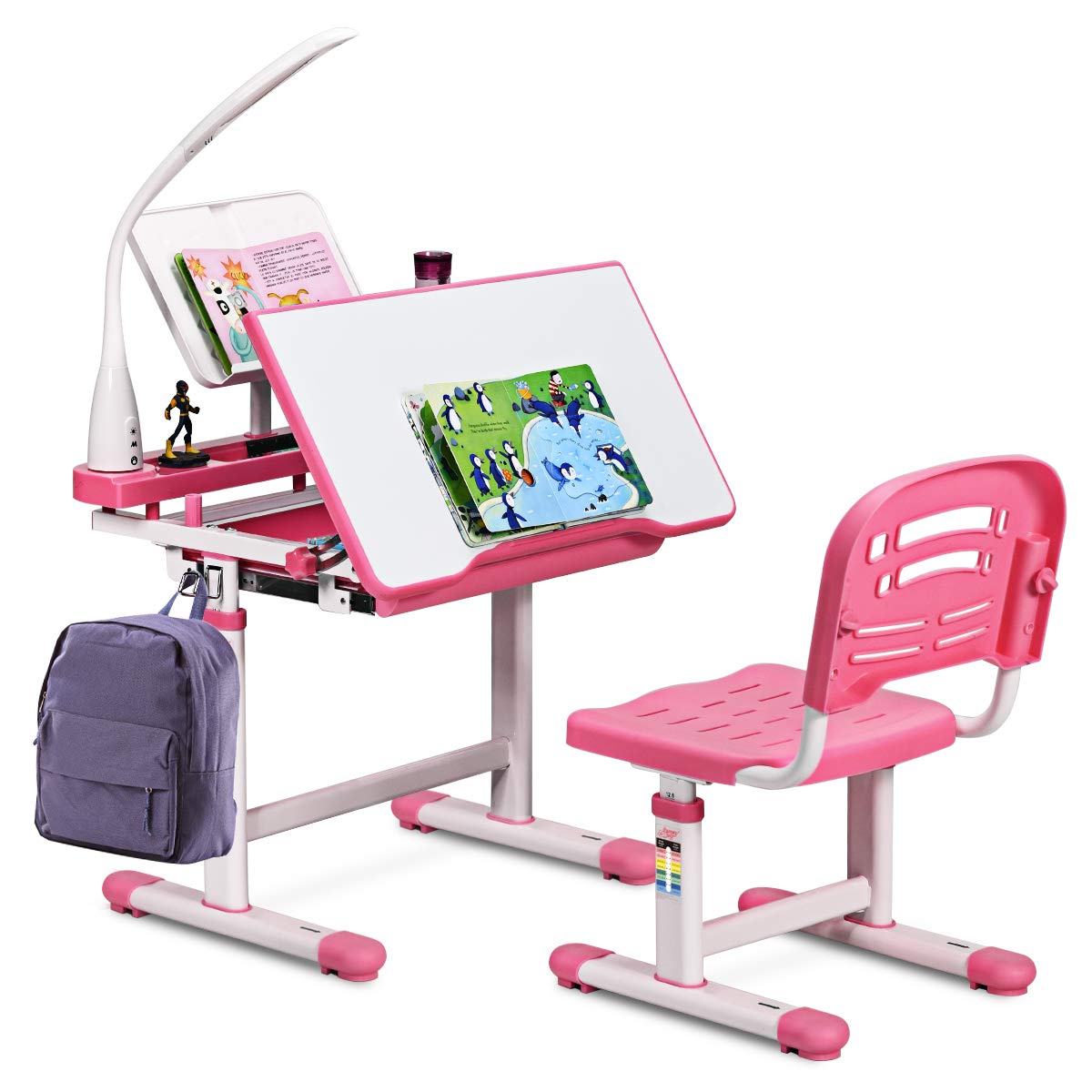 Kids Study Desk and Chair Set, Adjustable Children's Table with Eye-protection Lamp, Bookstand