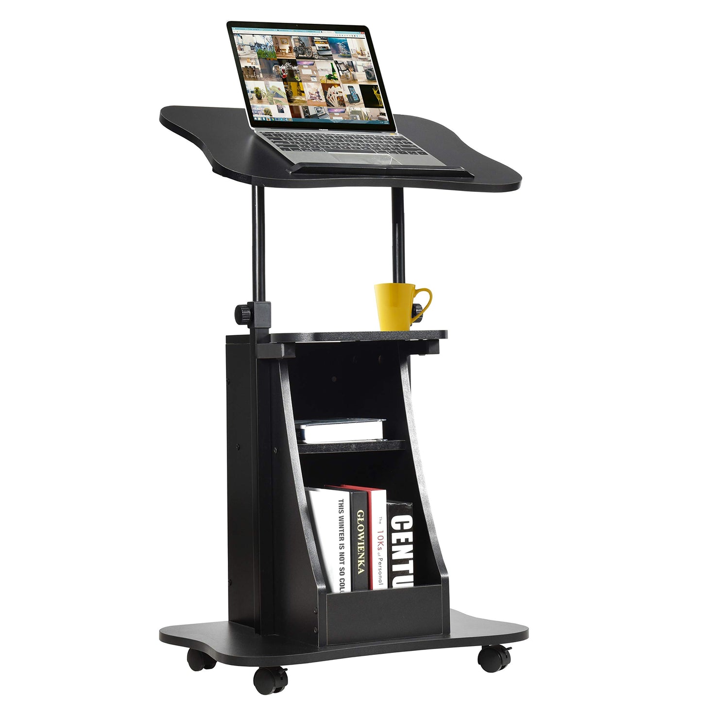 Movable Laptop Table, Height Adjustable Computer Workstation with Storage Cabinet & Rolling Casters