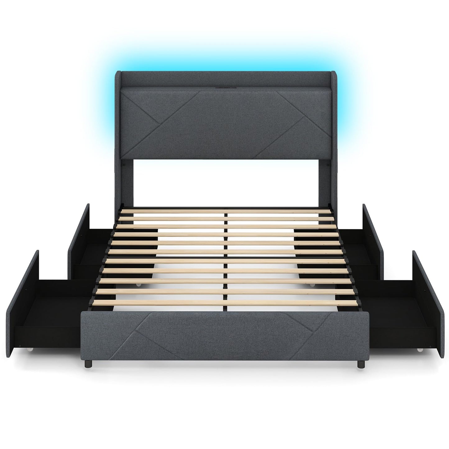 Multigot King Size Bed Frame with RGB LED Lights, 5FT Slat Support Platform Bed with Charging Station