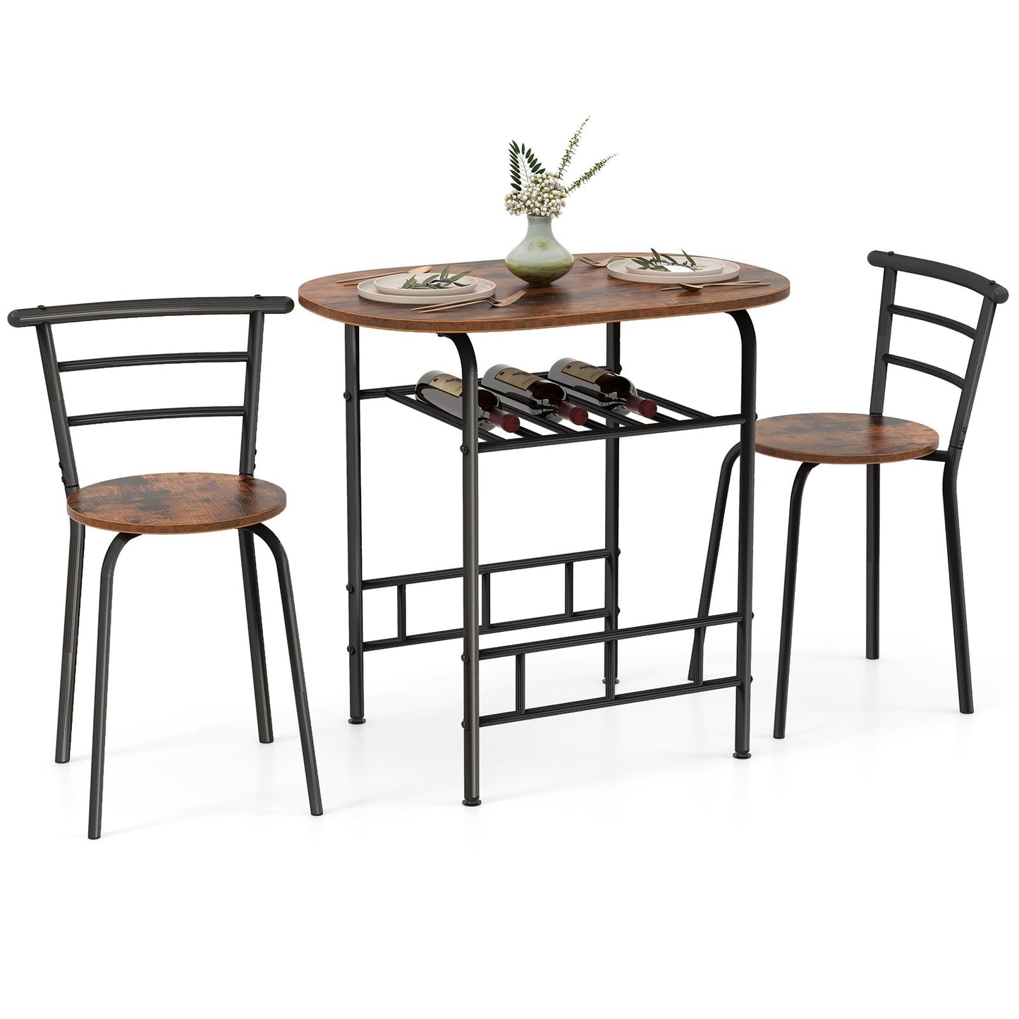 GiantexUK 3-Piece Dining Table Set, Metal Frame Kitchen Table Set with Storage Shelf, 2 Chairs